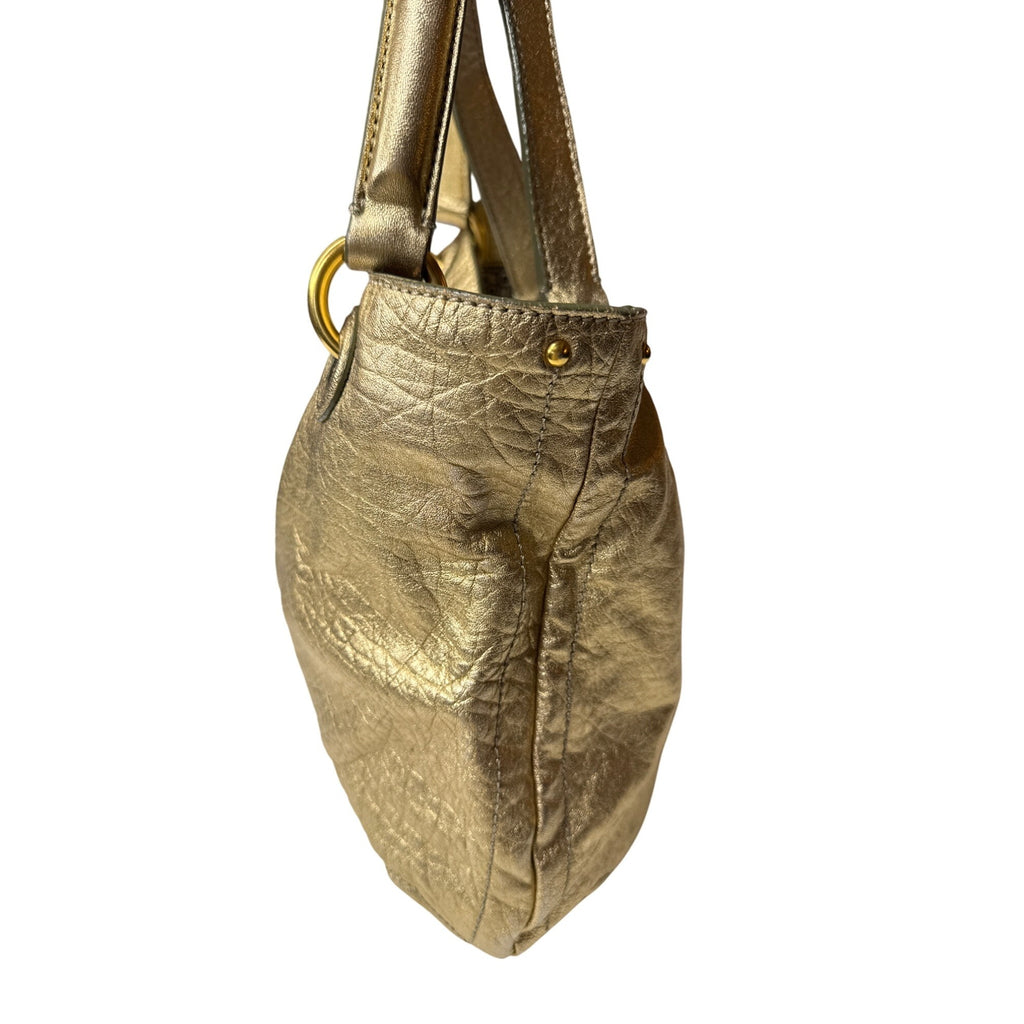 Loyd Maish Metallic Gold Leather Tote Bag With Dual Handles & Geometric Lining