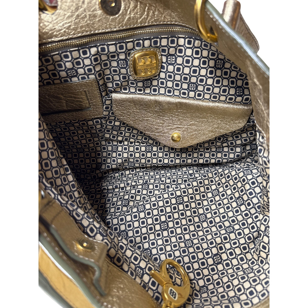 Loyd Maish Metallic Gold Leather Tote Bag With Dual Handles & Geometric Lining