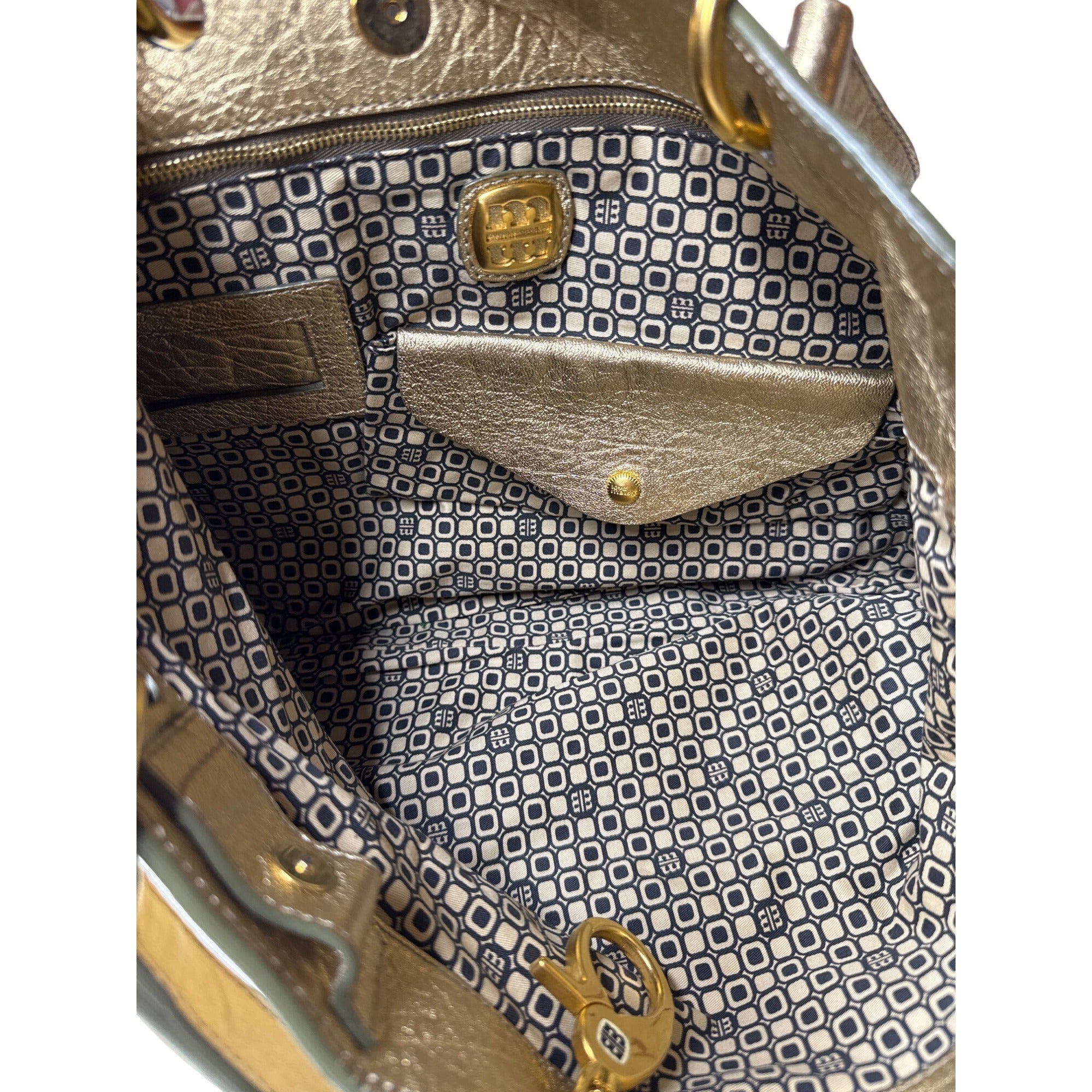 Loyd Maish Metallic Gold Leather Tote Bag With Dual Handles & Geometric Lining