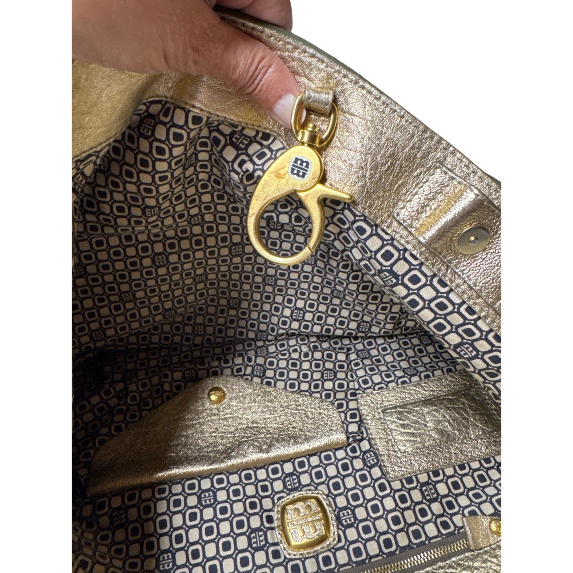 Loyd Maish Metallic Gold Leather Tote Bag With Dual Handles & Geometric Lining
