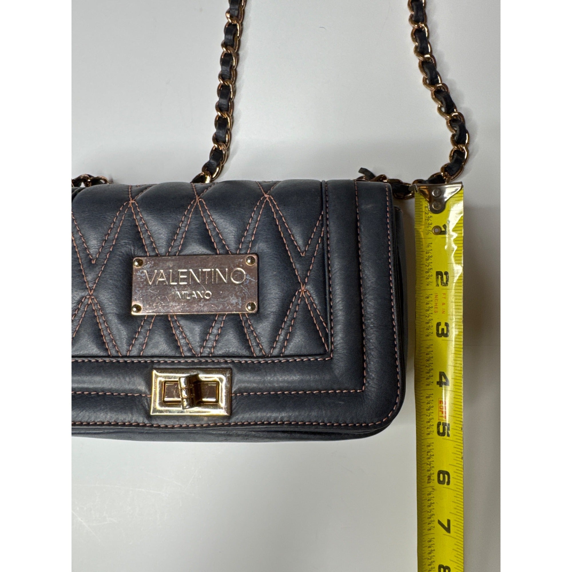 Valentino Milano Quilted Black Leather Chain Shoulder Bag With Gold Accents