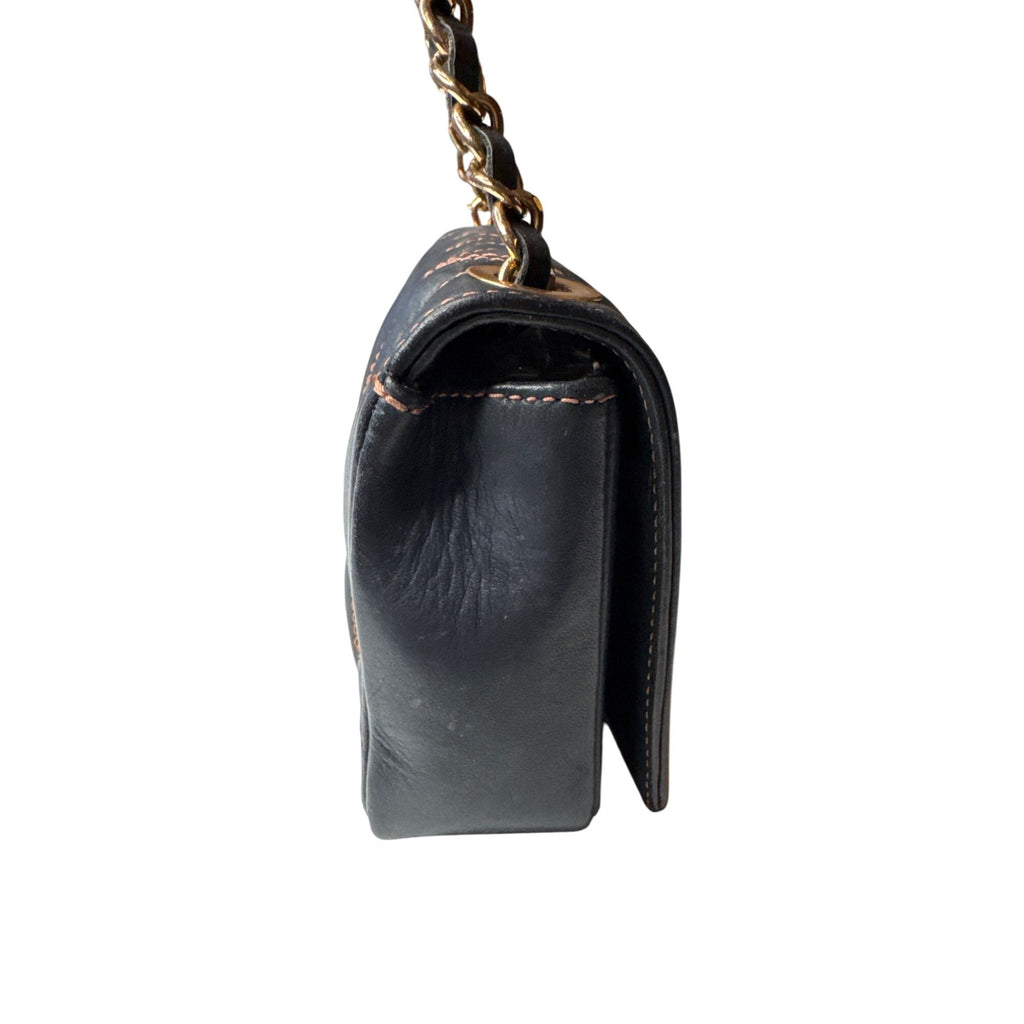 Valentino Milano Quilted Black Leather Chain Shoulder Bag With Gold Accents
