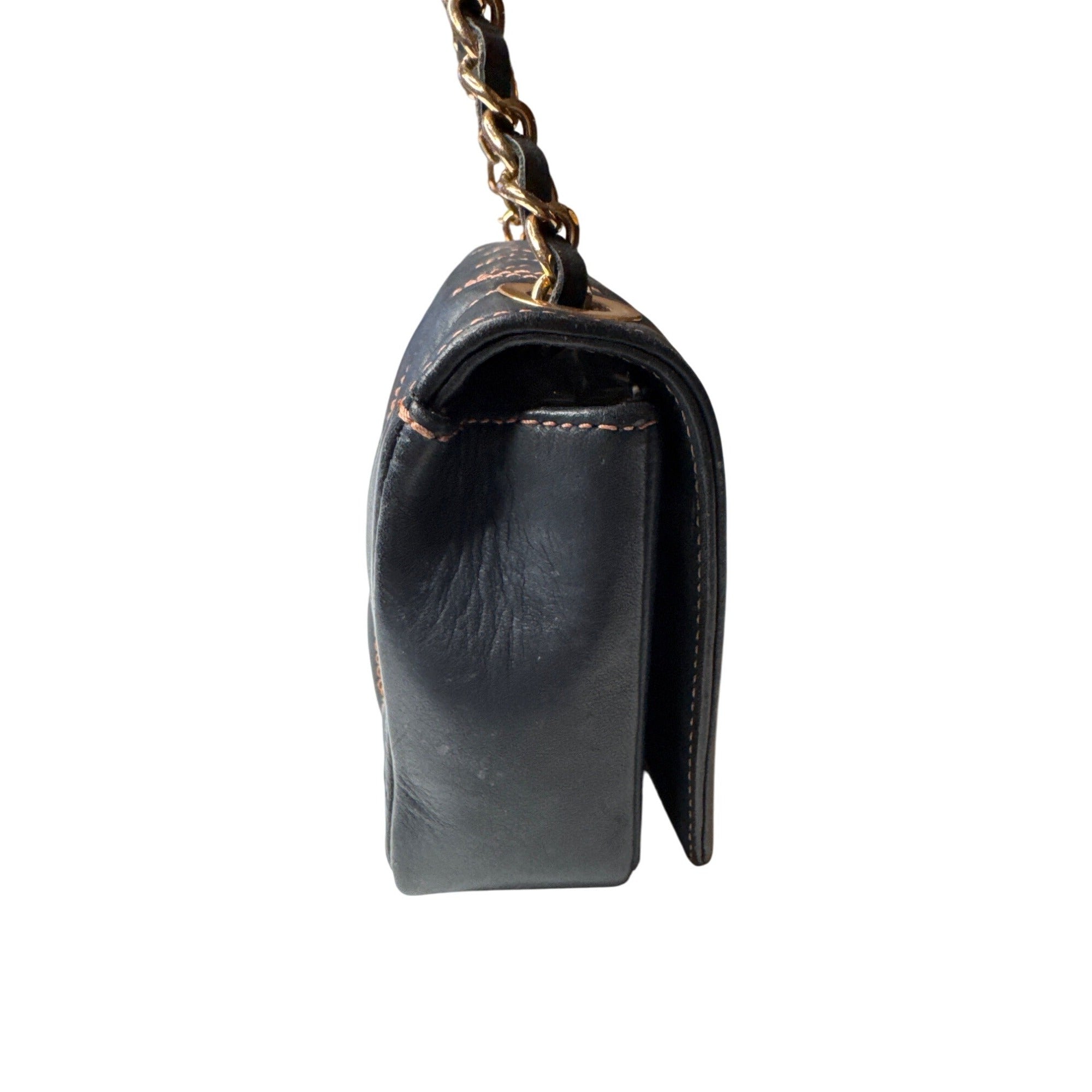 Valentino Milano Quilted Black Leather Chain Shoulder Bag With Gold Accents