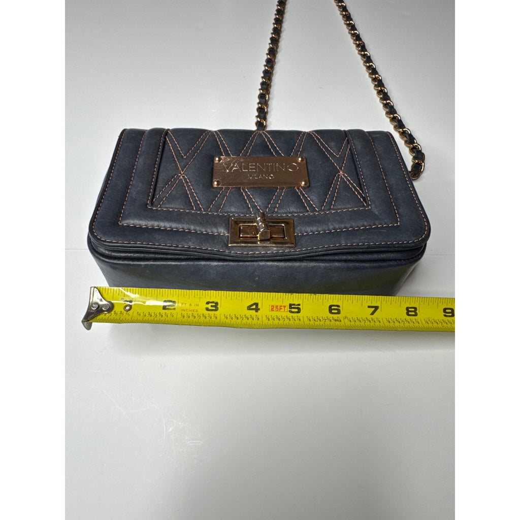 Valentino Milano Quilted Black Leather Chain Shoulder Bag With Gold Accents