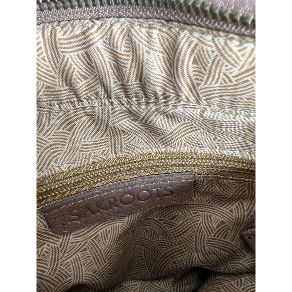 Sakroots Brown Vegan Leather & Patterned Crossbody Bag With Adjustable Strap & Zipper Pockets