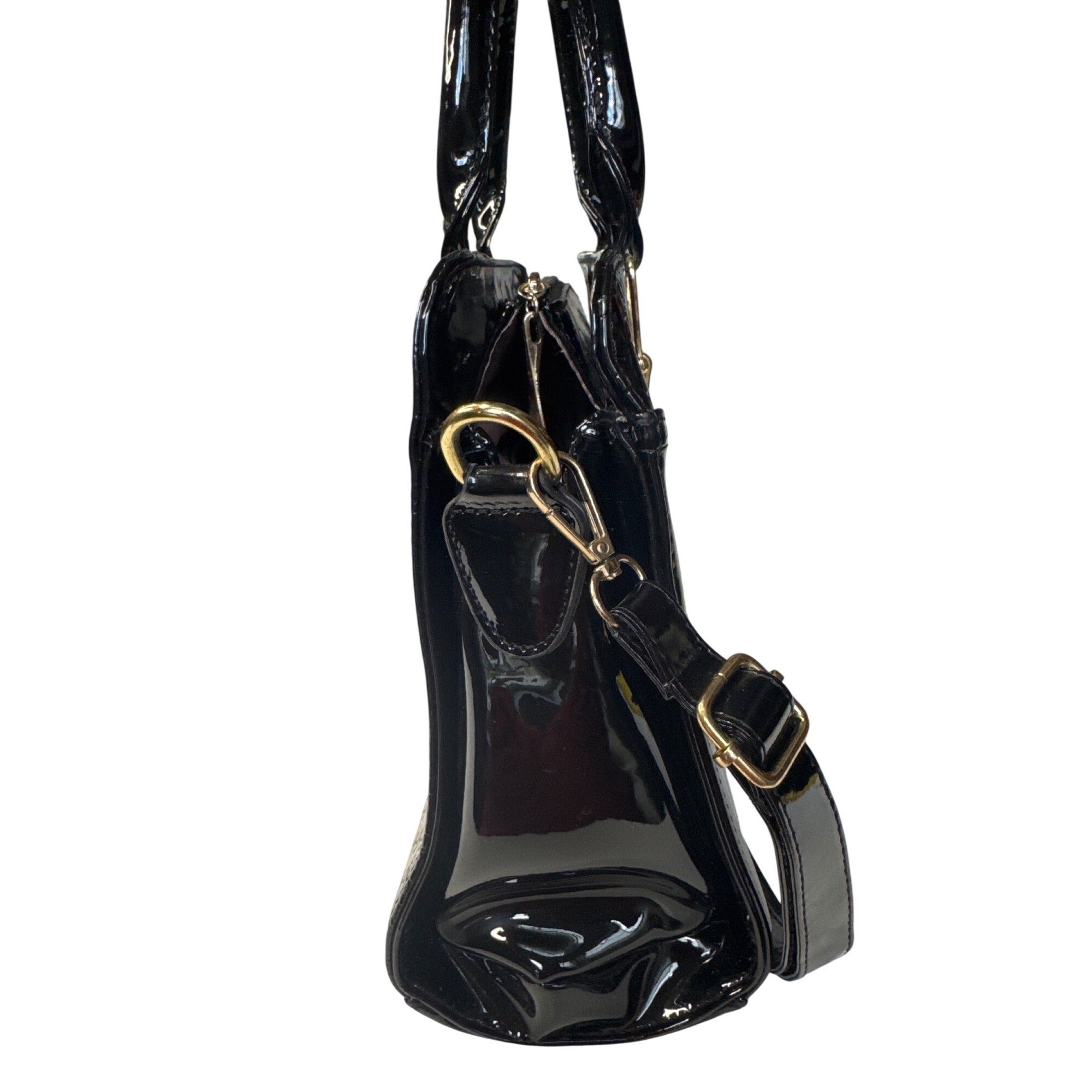Coofin Black Patent Leather Handbag Purse With Gold-Tone Hardware & Dual Handles
