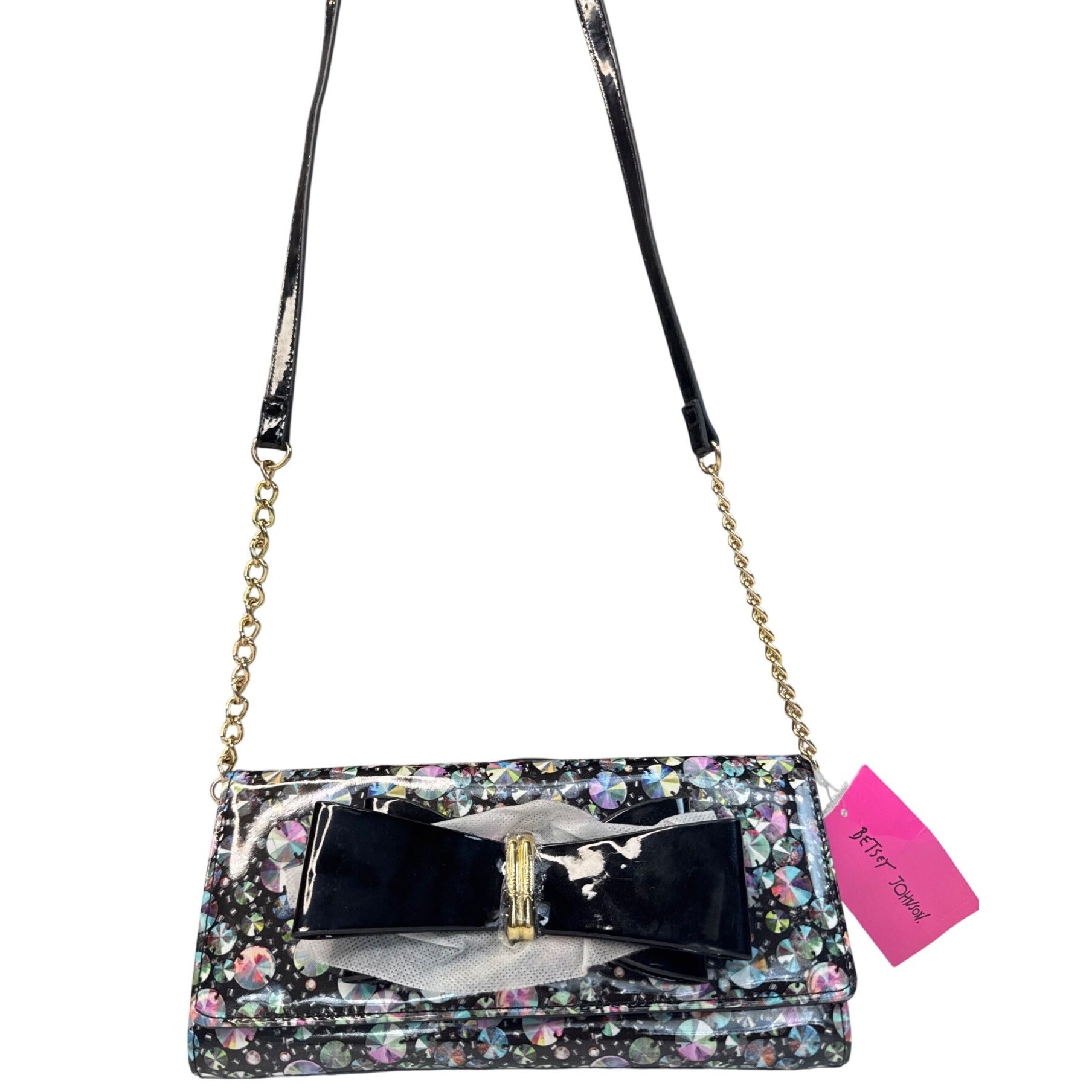 NWT Betsey Johnson Gem Bow Crossbody Purse W/Floral Interior Gold Chain Strap