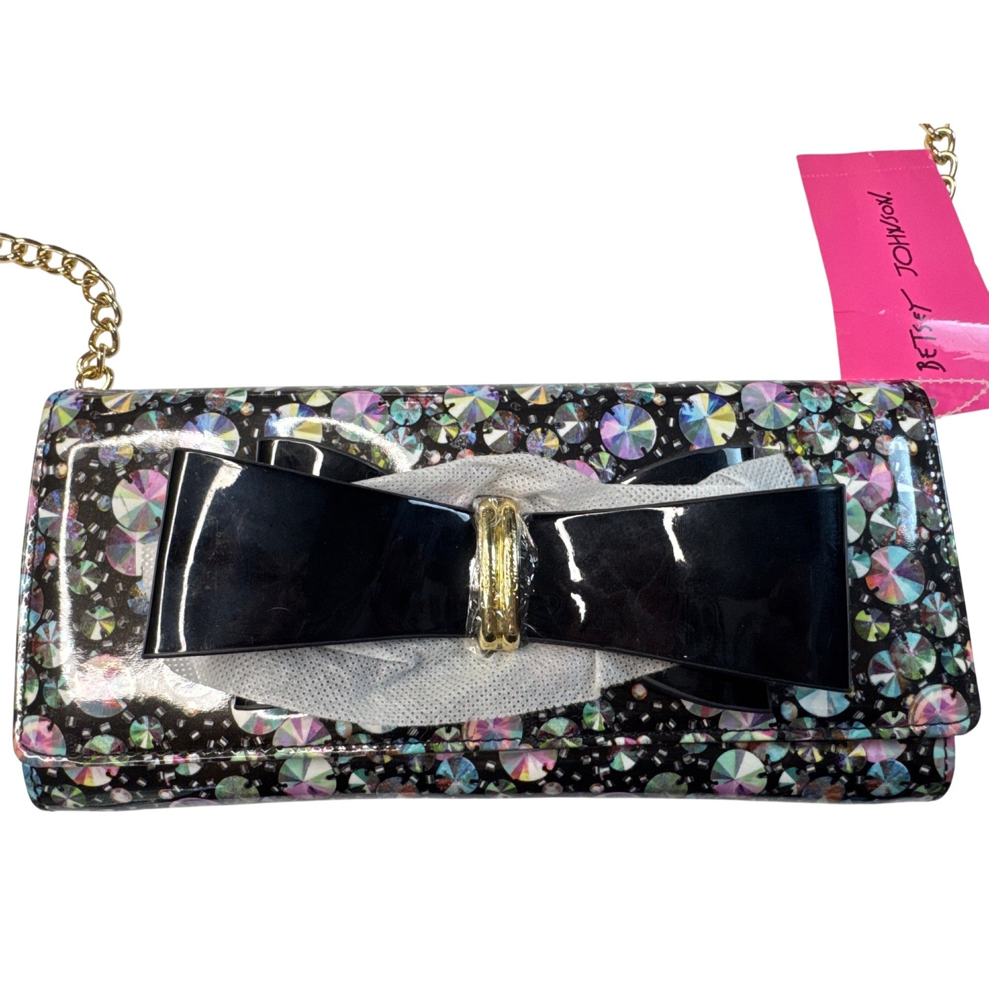 NWT Betsey Johnson Gem Bow Crossbody Purse W/Floral Interior Gold Chain Strap