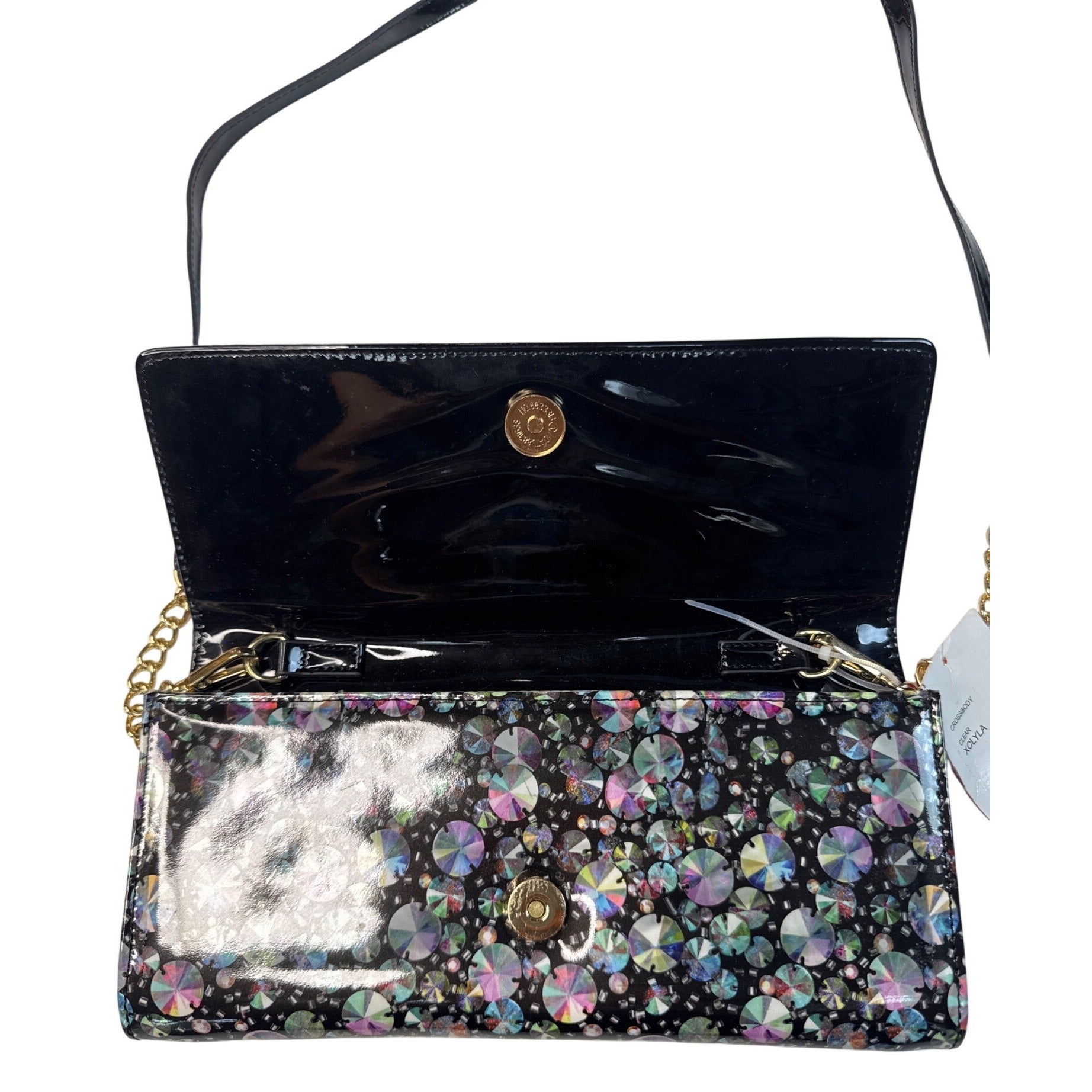 NWT Betsey Johnson Gem Bow Crossbody Purse W/Floral Interior Gold Chain Strap