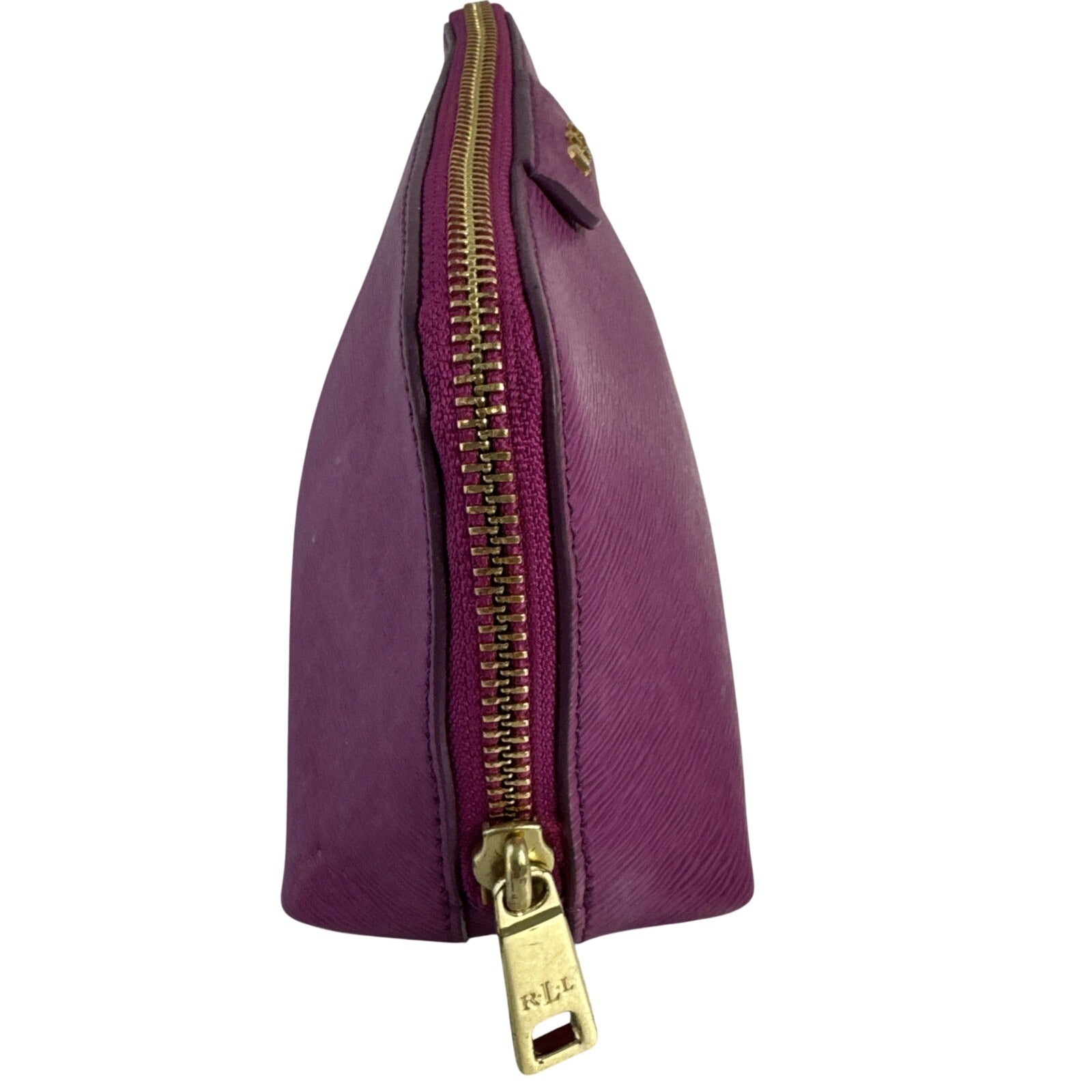 Ralph Lauren Purple Leather Cosmetic Bag W/Gold Zipper & Monogrammed RLL Logo
