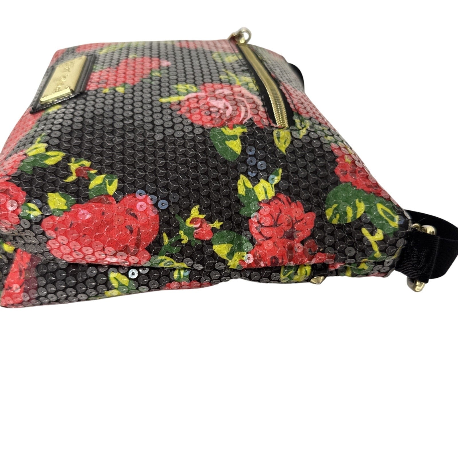 Betsey Johnson Floral Sequin Crossbody Bag With Zipper Pockets & Adjustable Strap