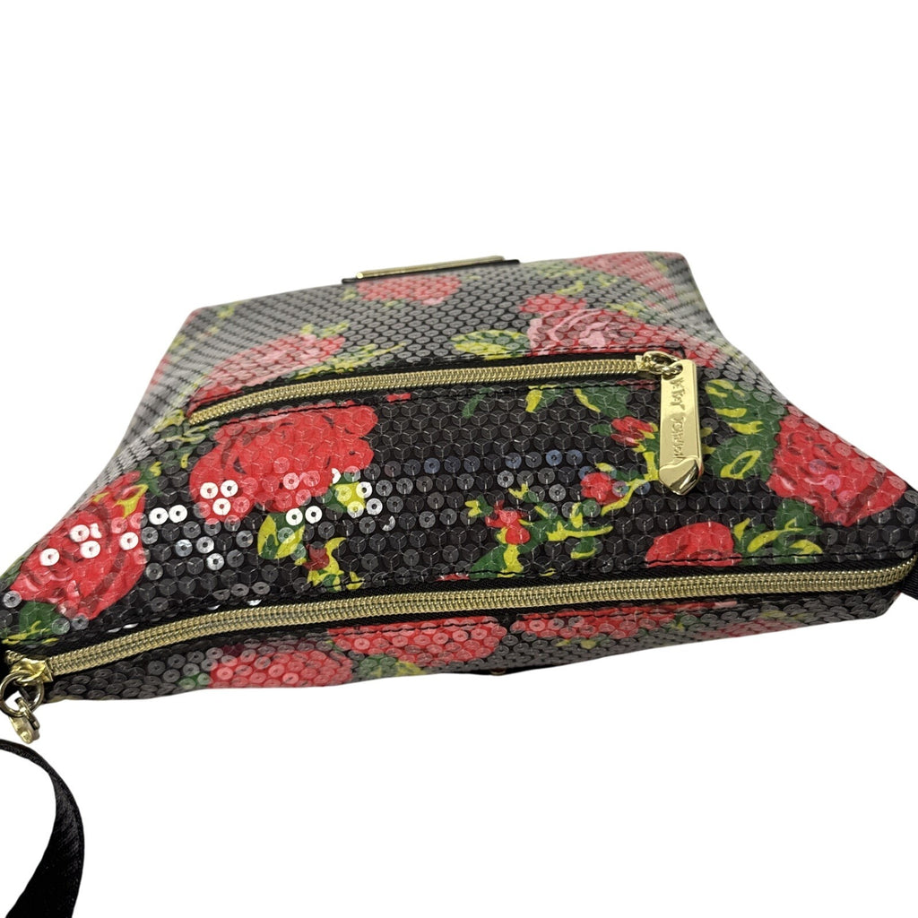 Betsey Johnson Floral Sequin Crossbody Bag With Zipper Pockets & Adjustable Strap