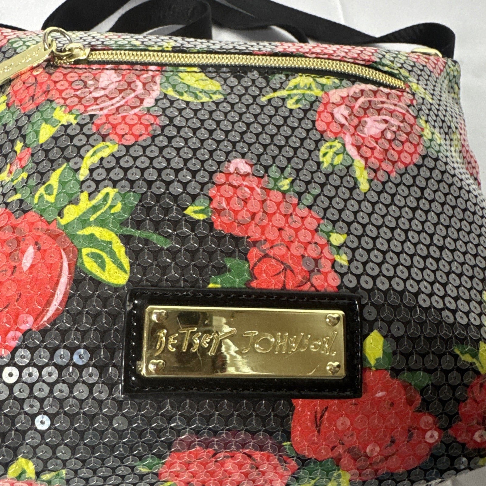 Betsey Johnson Floral Sequin Crossbody Bag With Zipper Pockets & Adjustable Strap