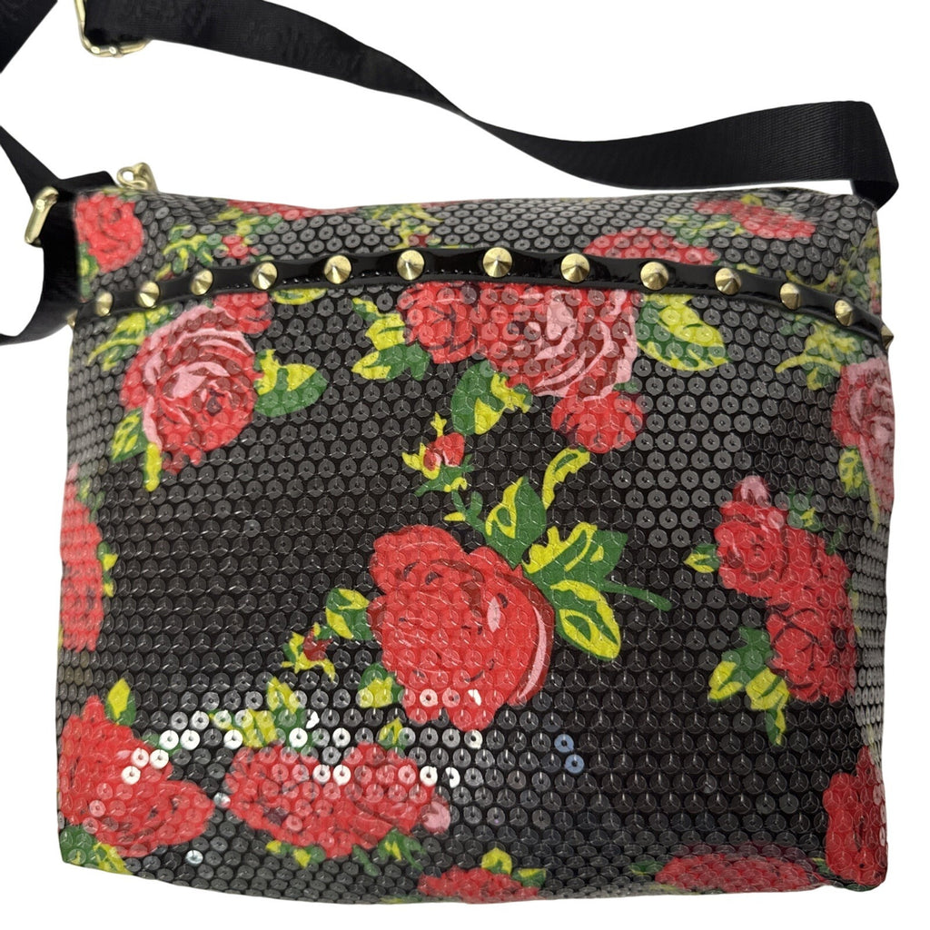 Betsey Johnson Floral Sequin Crossbody Bag With Zipper Pockets & Adjustable Strap