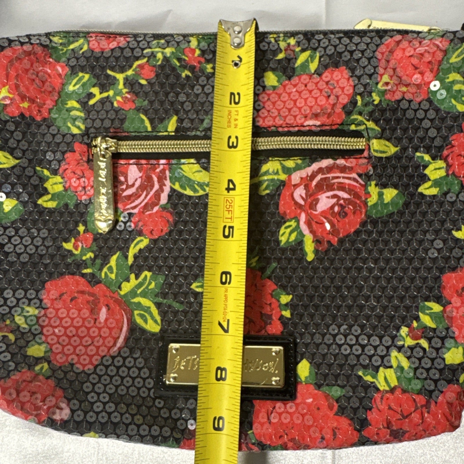 Betsey Johnson Floral Sequin Crossbody Bag With Zipper Pockets & Adjustable Strap