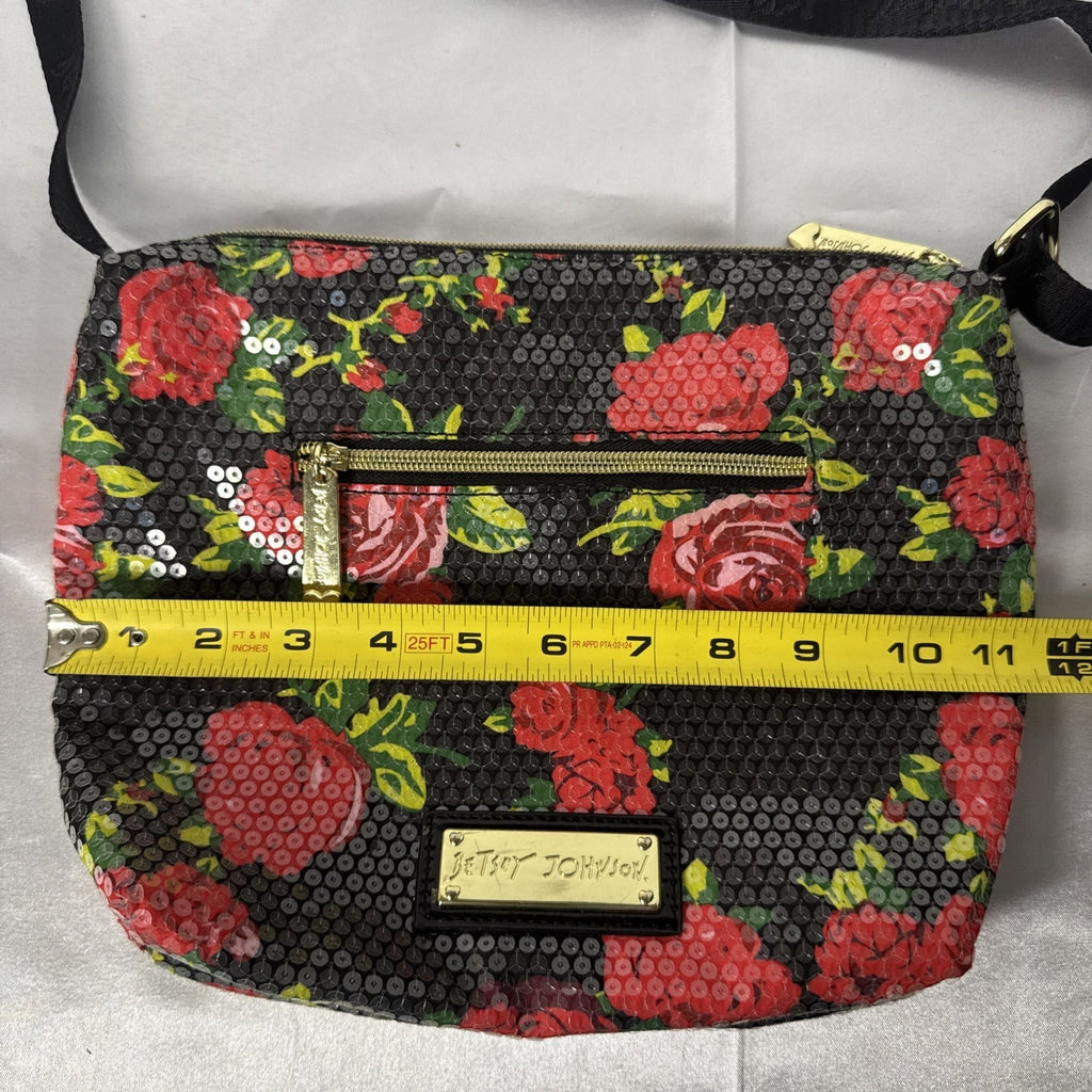 Betsey Johnson Floral Sequin Crossbody Bag With Zipper Pockets & Adjustable Strap