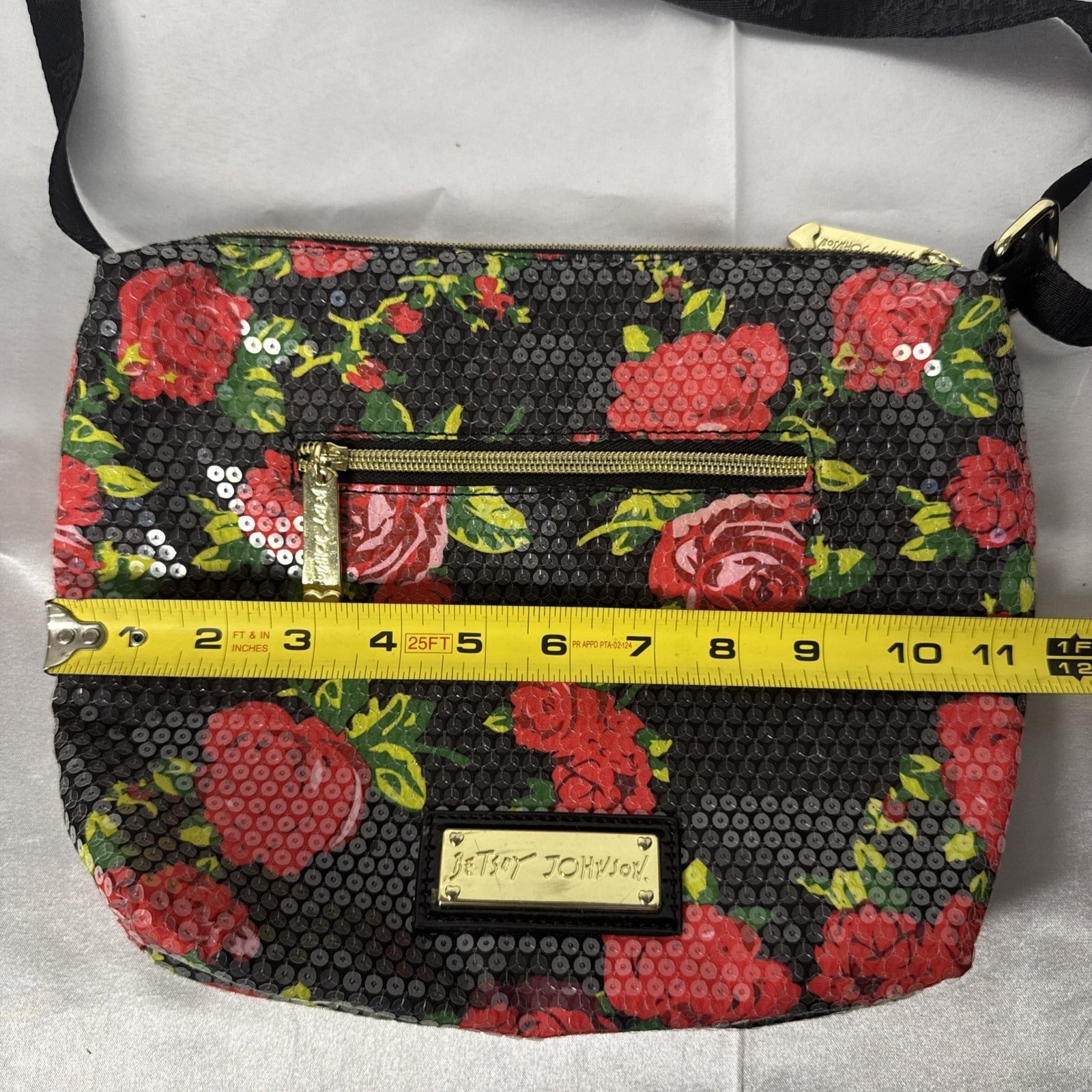 Betsey Johnson Floral Sequin Crossbody Bag With Zipper Pockets & Adjustable Strap