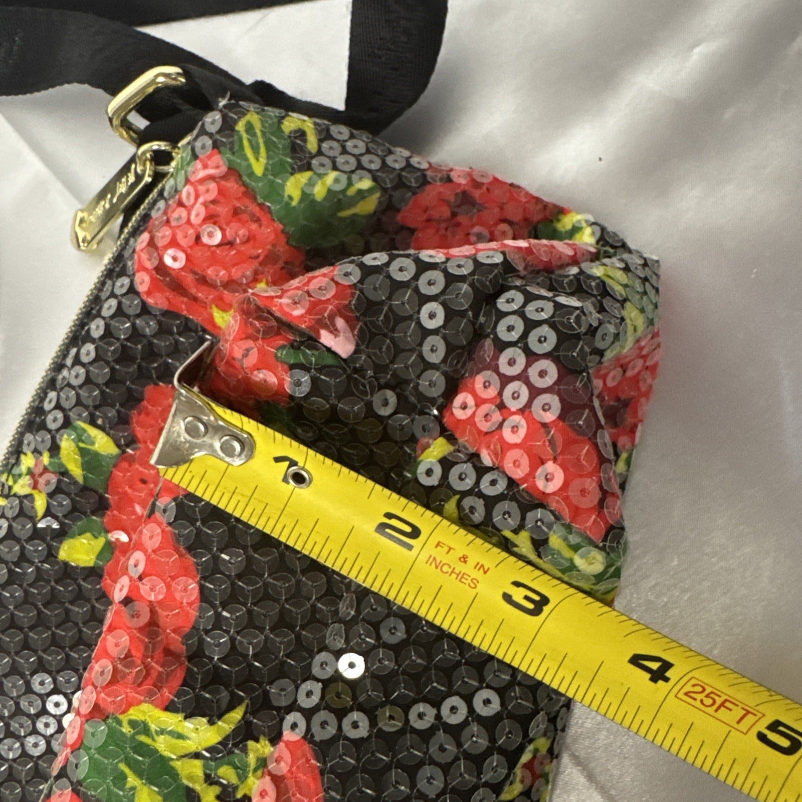 Betsey Johnson Floral Sequin Crossbody Bag With Zipper Pockets & Adjustable Strap