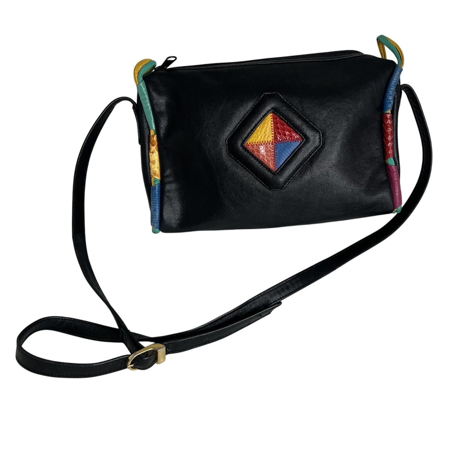 Danielle Nicole Black Leather Crossbody Bag With Colorful Geometric Patchwork & Adjustable Strap