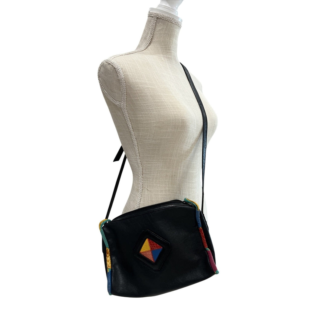 Danielle Nicole Black Leather Crossbody Bag With Colorful Geometric Patchwork & Adjustable Strap