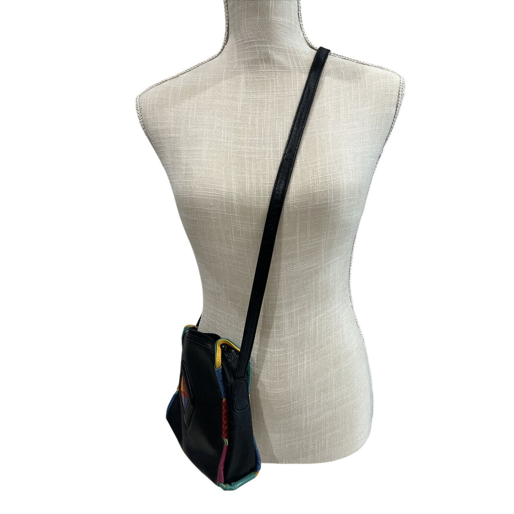 Danielle Nicole Black Leather Crossbody Bag With Colorful Geometric Patchwork & Adjustable Strap