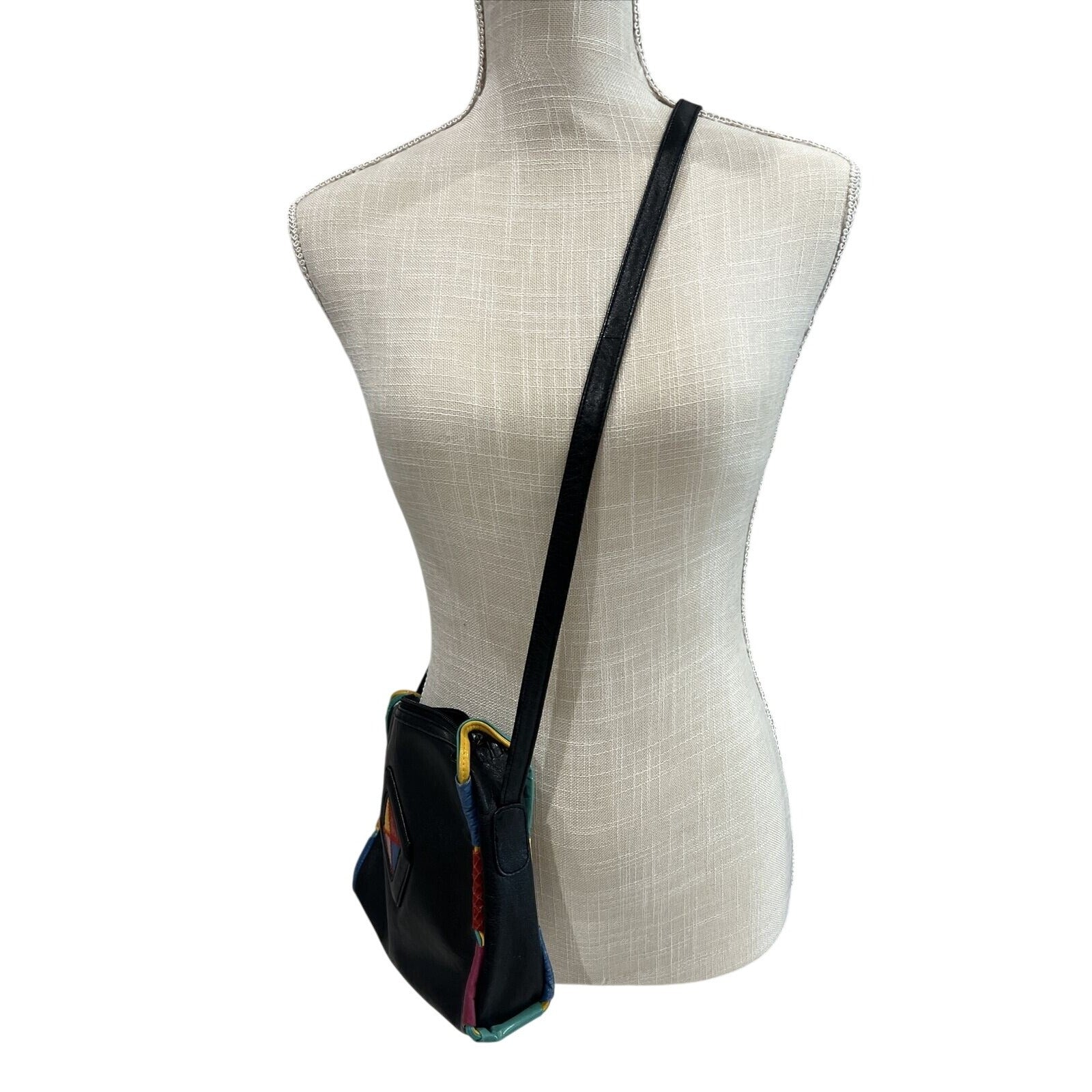 Danielle Nicole Black Leather Crossbody Bag With Colorful Geometric Patchwork & Adjustable Strap