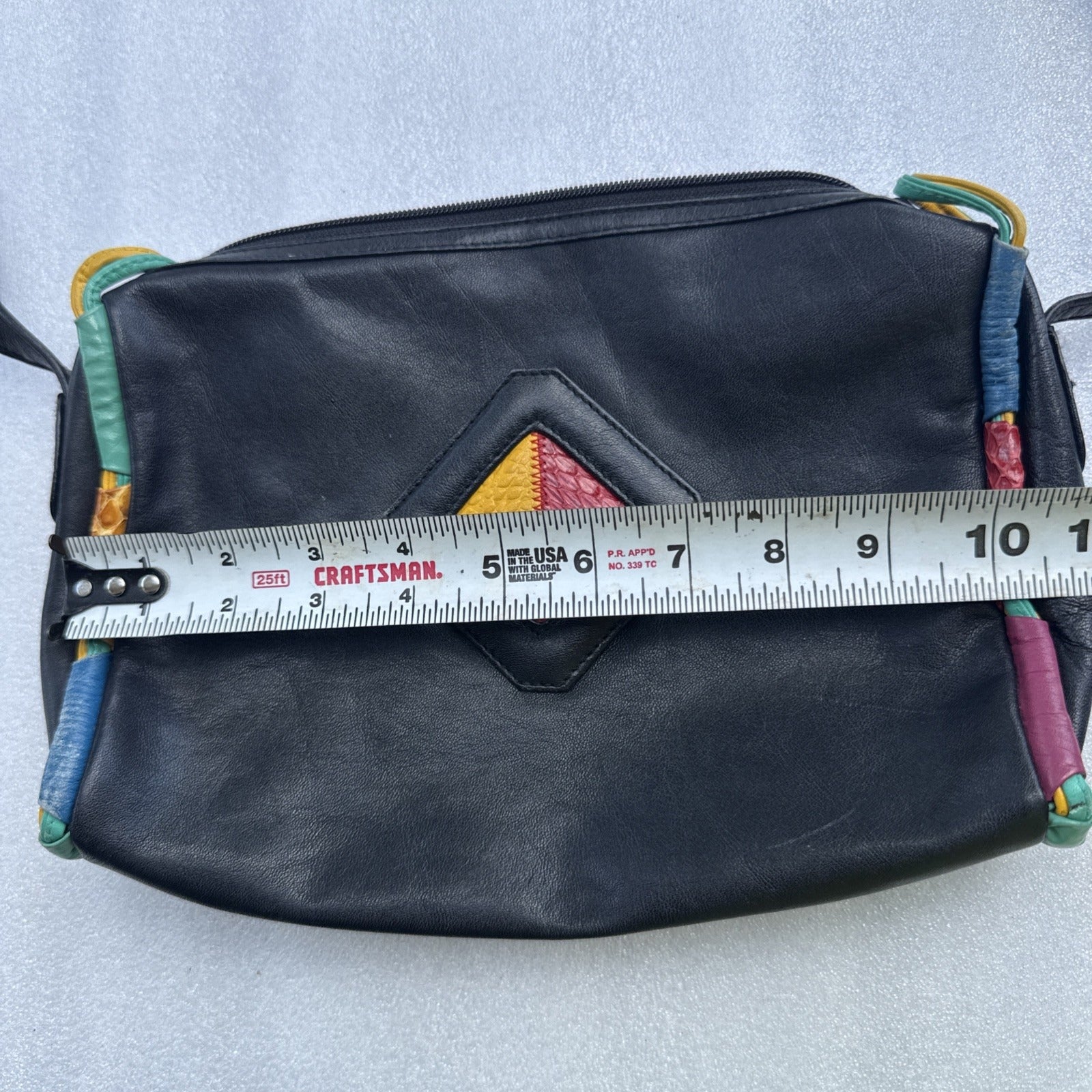 Danielle Nicole Black Leather Crossbody Bag With Colorful Geometric Patchwork & Adjustable Strap