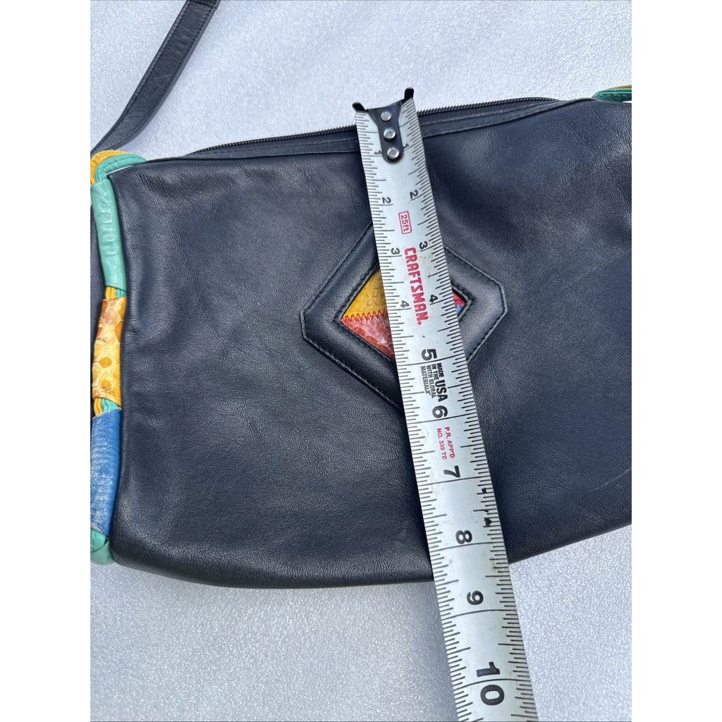 Danielle Nicole Black Leather Crossbody Bag With Colorful Geometric Patchwork & Adjustable Strap