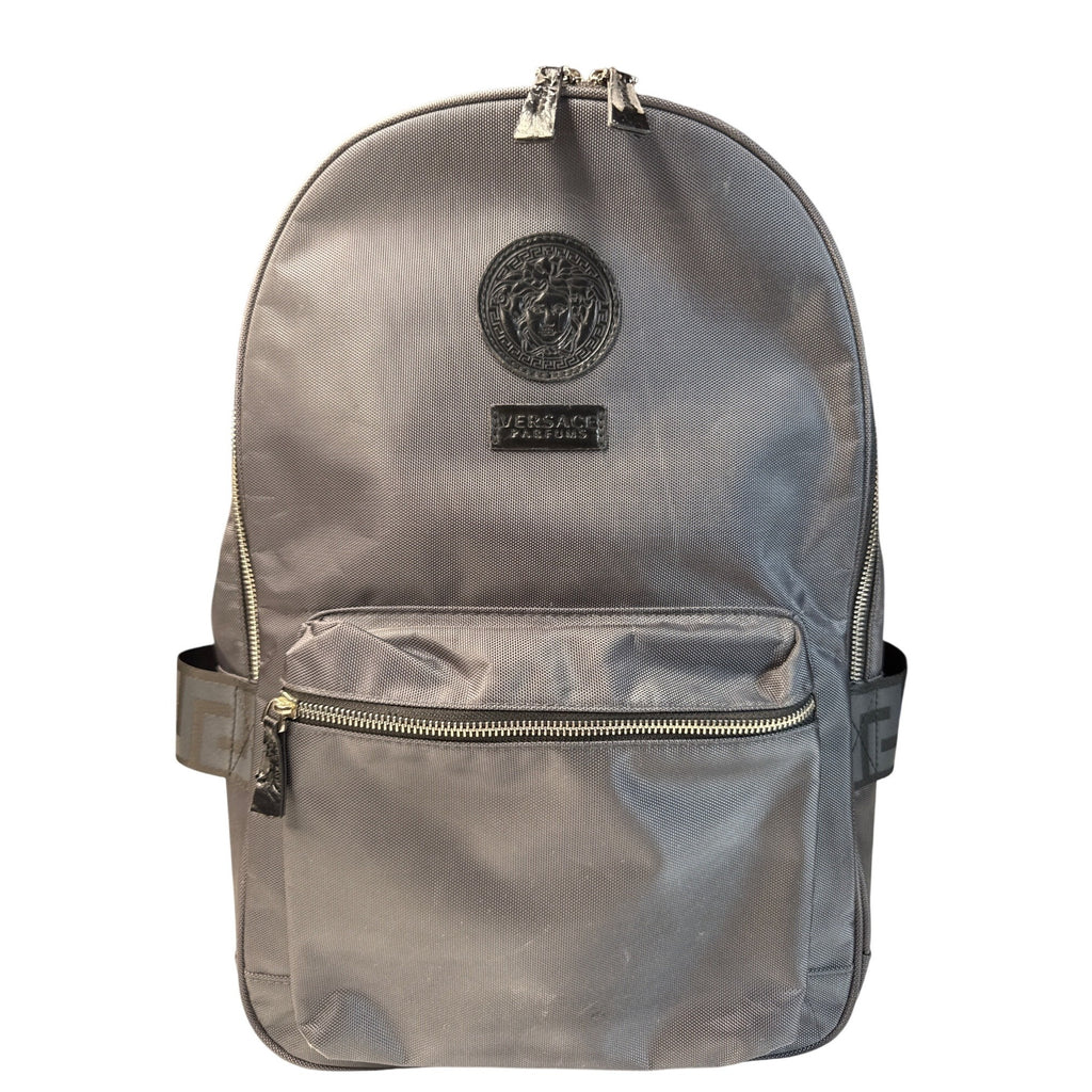 Versace Parfums Gray Backpack W/ Greek Key Straps Front Pocket