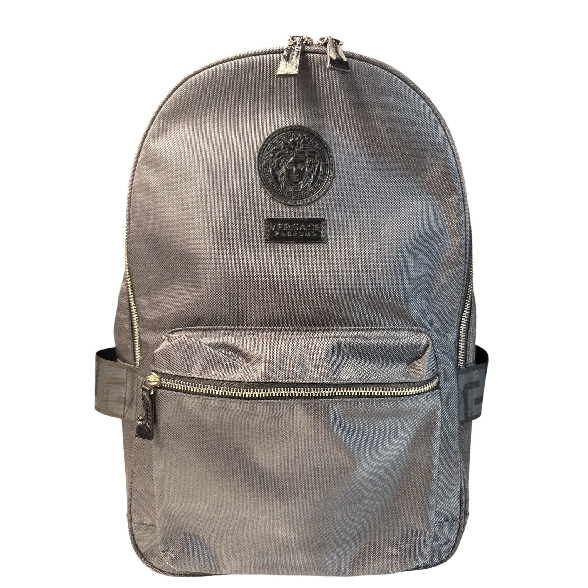 Versace Parfums Gray Backpack W/ Greek Key Straps Front Pocket