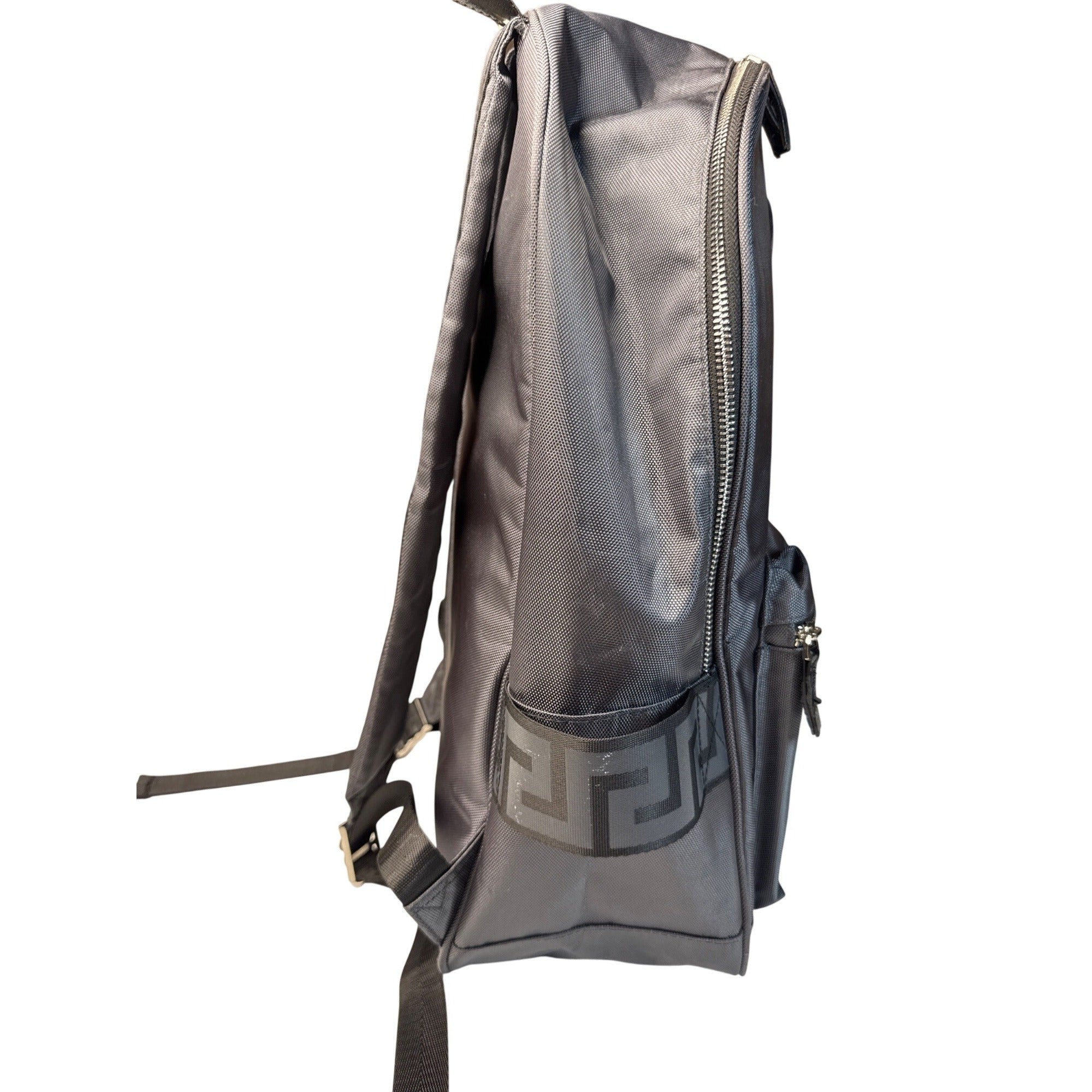Versace Parfums Gray Backpack W/ Greek Key Straps Front Pocket