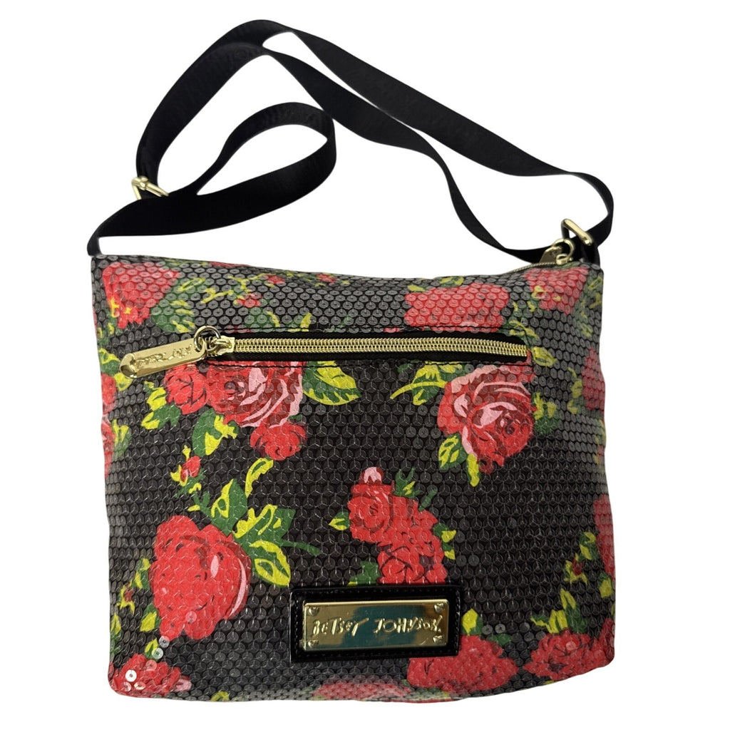 Betsey Johnson Floral Sequin Crossbody Bag With Zipper Pockets & Adjustable Strap