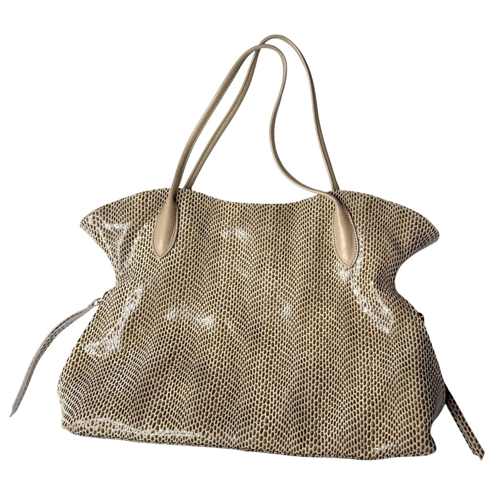 Sorial Large Beige Snake Print Tote Bag With Zippered Pockets & Double Handles