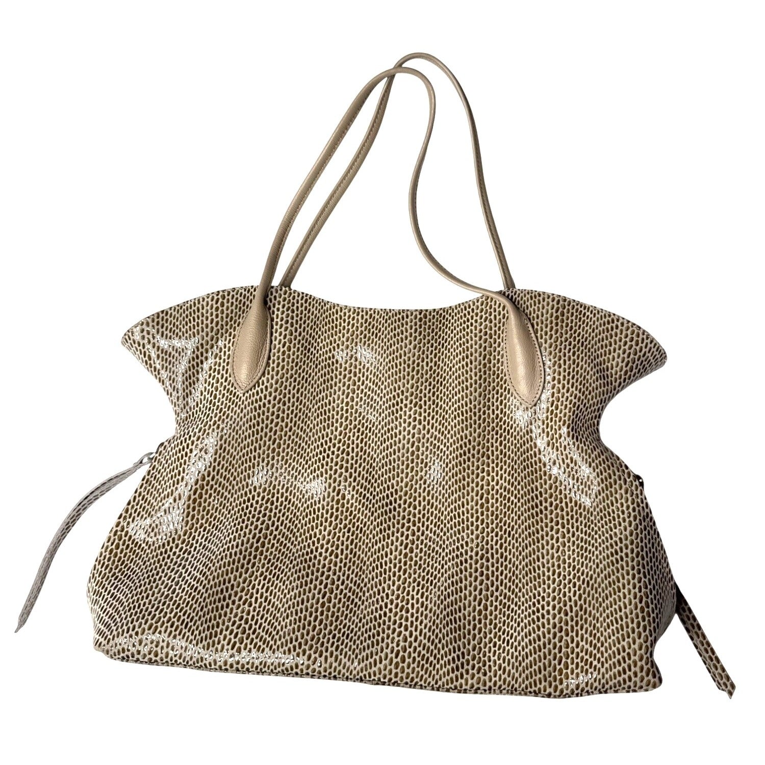Sorial Large Beige Snake Print Tote Bag With Zippered Pockets & Double Handles