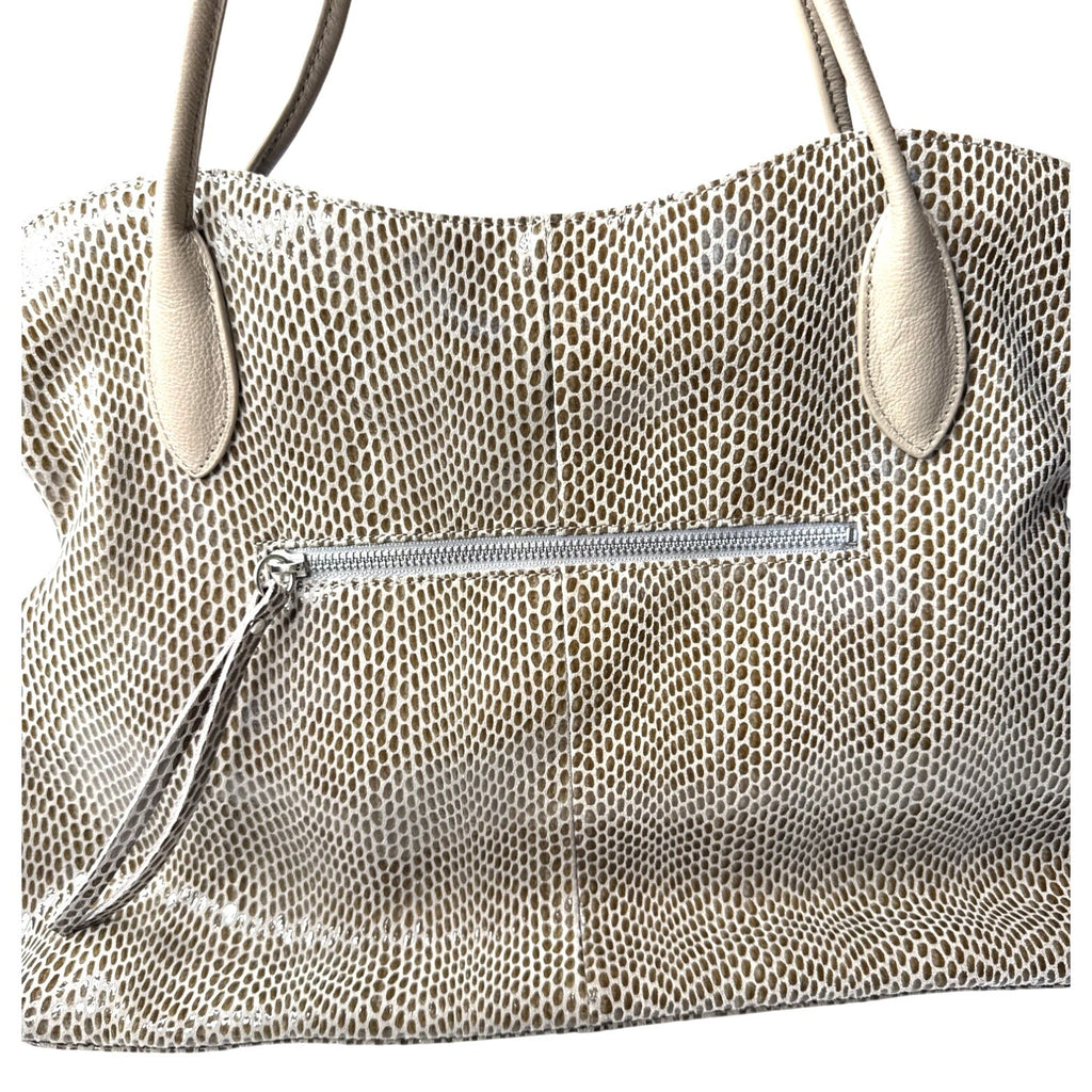 Sorial Large Beige Snake Print Tote Bag With Zippered Pockets & Double Handles