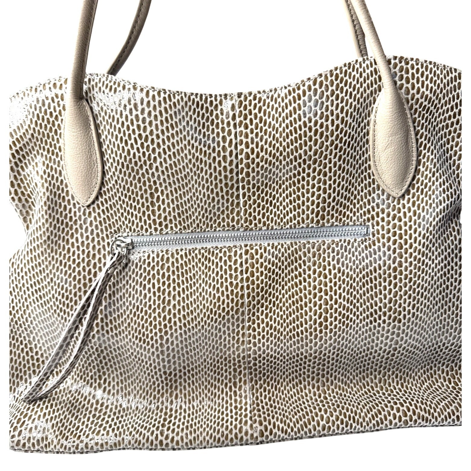 Sorial Large Beige Snake Print Tote Bag With Zippered Pockets & Double Handles