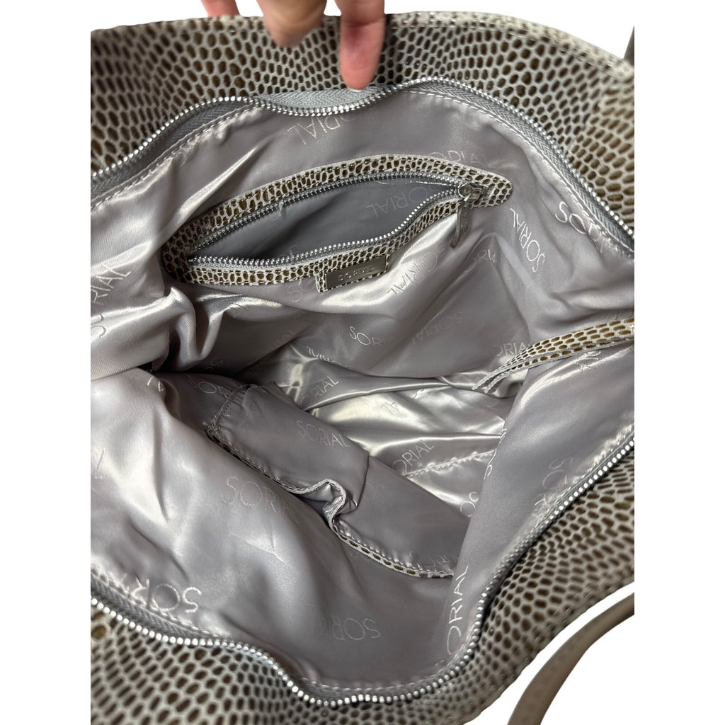 Sorial Large Beige Snake Print Tote Bag With Zippered Pockets & Double Handles