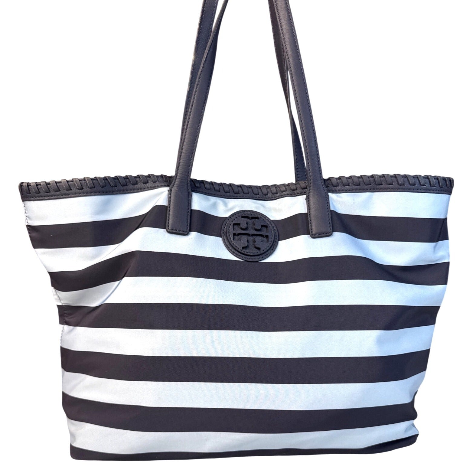 Tory Burch Striped Tote Bag Navy & White 16"x11"x6" Medium Size W/Double Handles