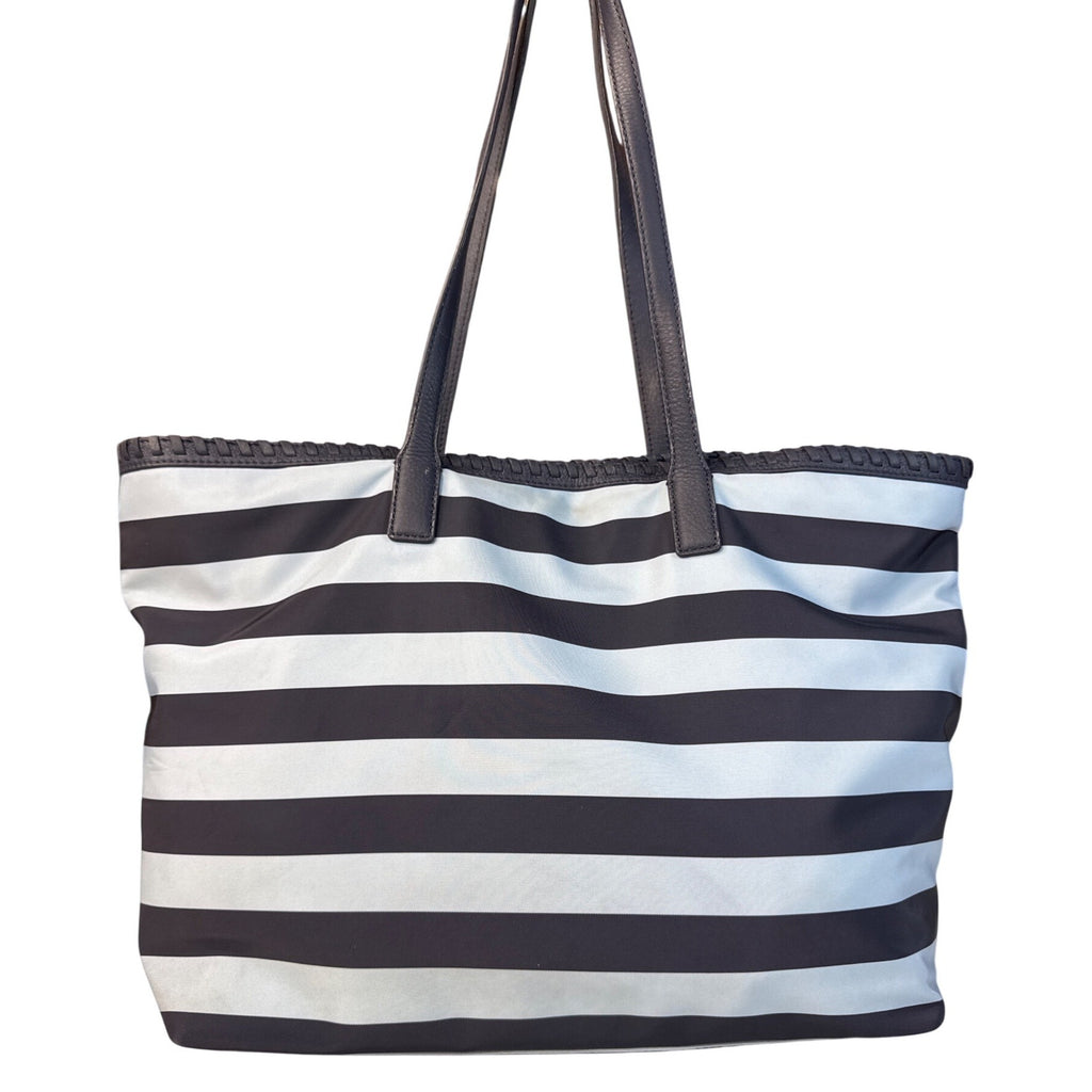 Tory Burch Striped Tote Bag Navy & White 16"x11"x6" Medium Size W/Double Handles