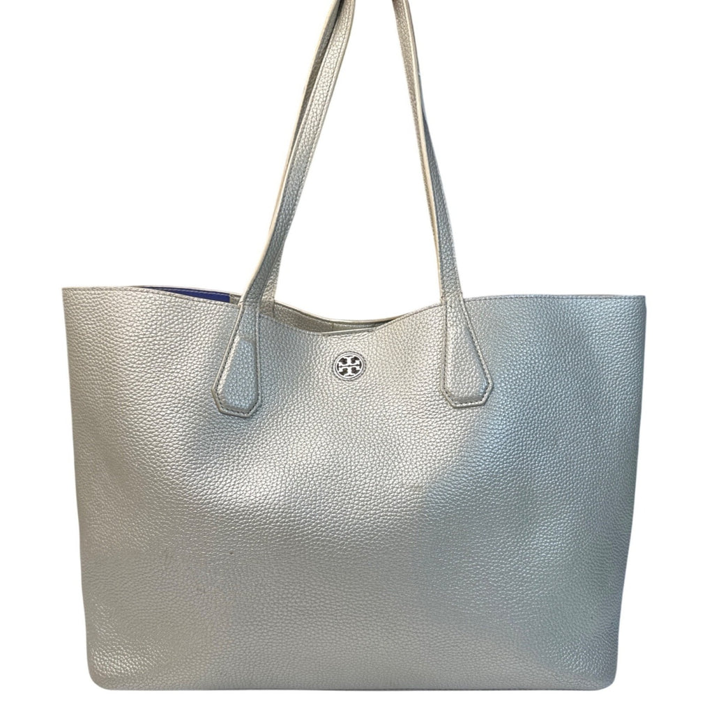 Tory Burch Metallic Silver Leather Tote Bag W/Blue Interior & Pocketed Design