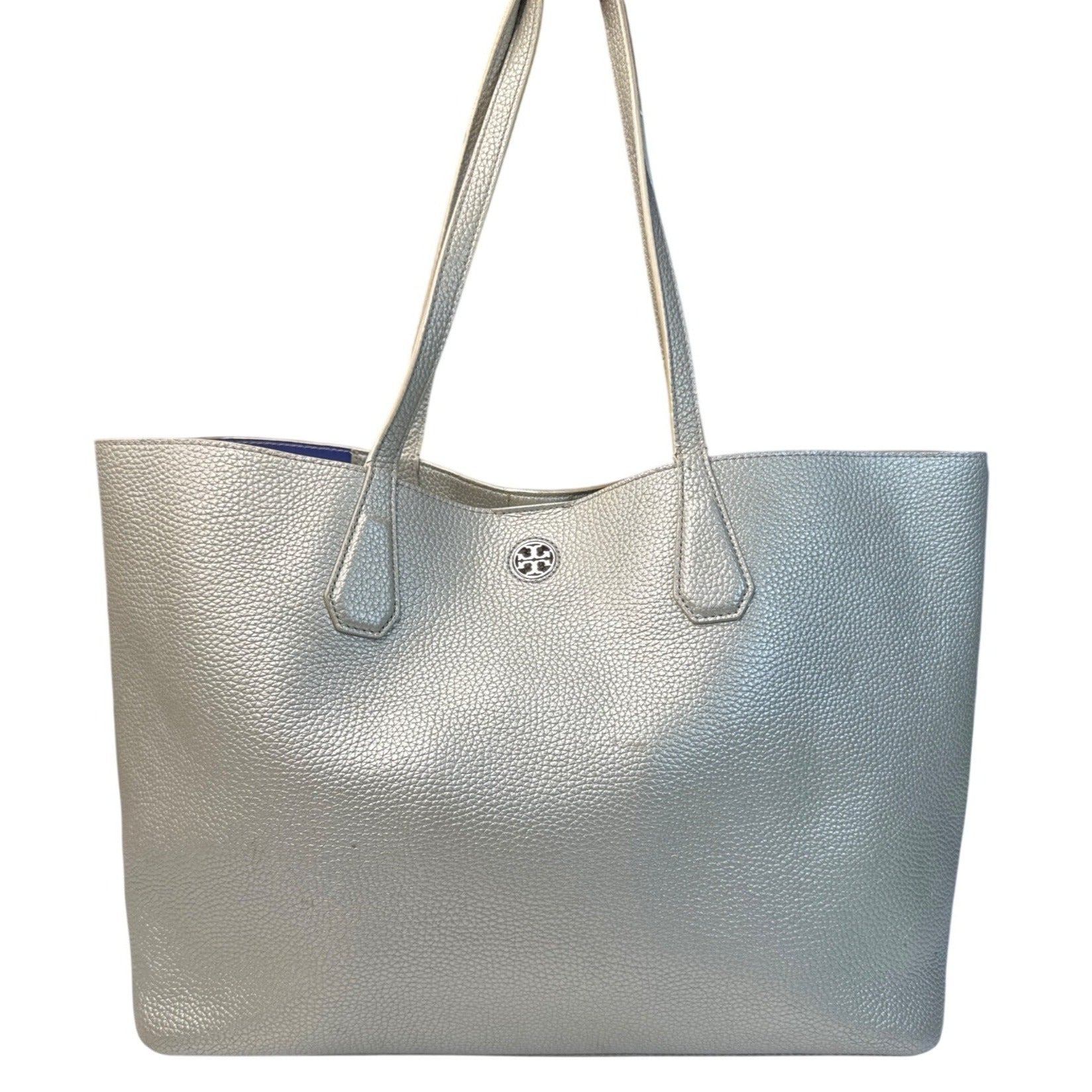 Tory Burch Metallic Silver Leather Tote Bag W/Blue Interior & Pocketed Design