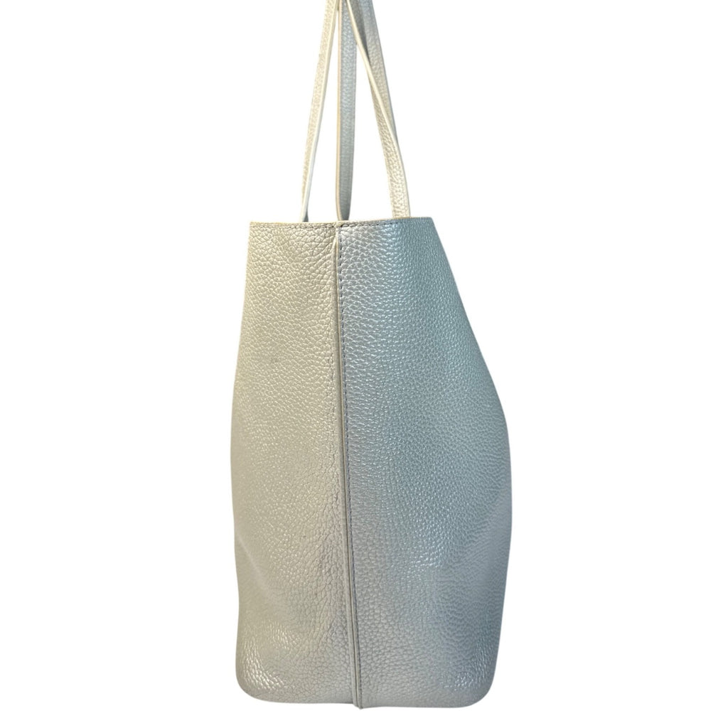 Tory Burch Metallic Silver Leather Tote Bag W/Blue Interior & Pocketed Design