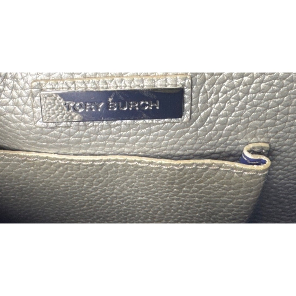 Tory Burch Metallic Silver Leather Tote Bag W/Blue Interior & Pocketed Design