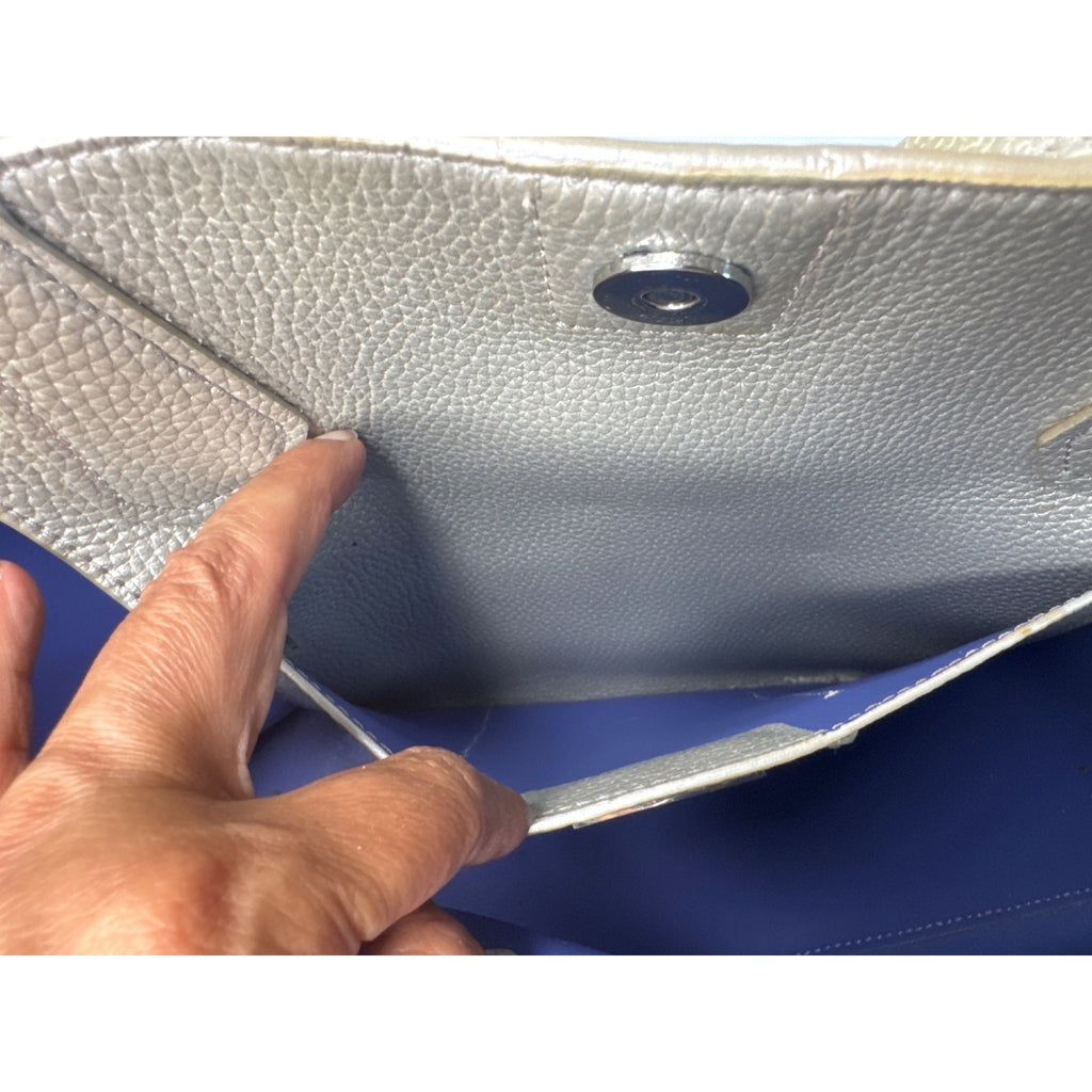 Tory Burch Metallic Silver Leather Tote Bag W/Blue Interior & Pocketed Design