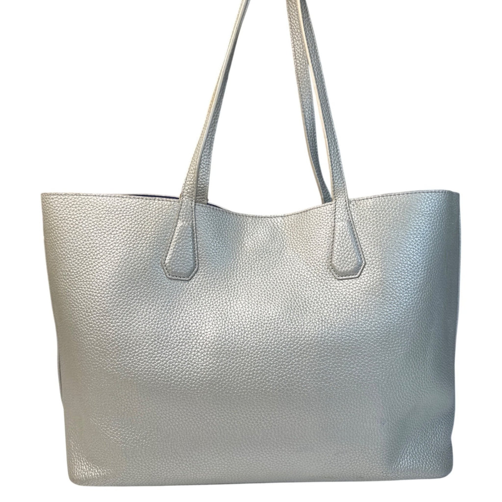 Tory Burch Metallic Silver Leather Tote Bag W/Blue Interior & Pocketed Design
