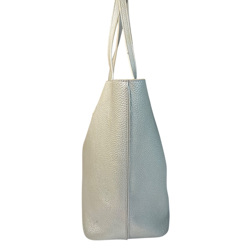 Tory Burch Metallic Silver Leather Tote Bag W/Blue Interior & Pocketed Design