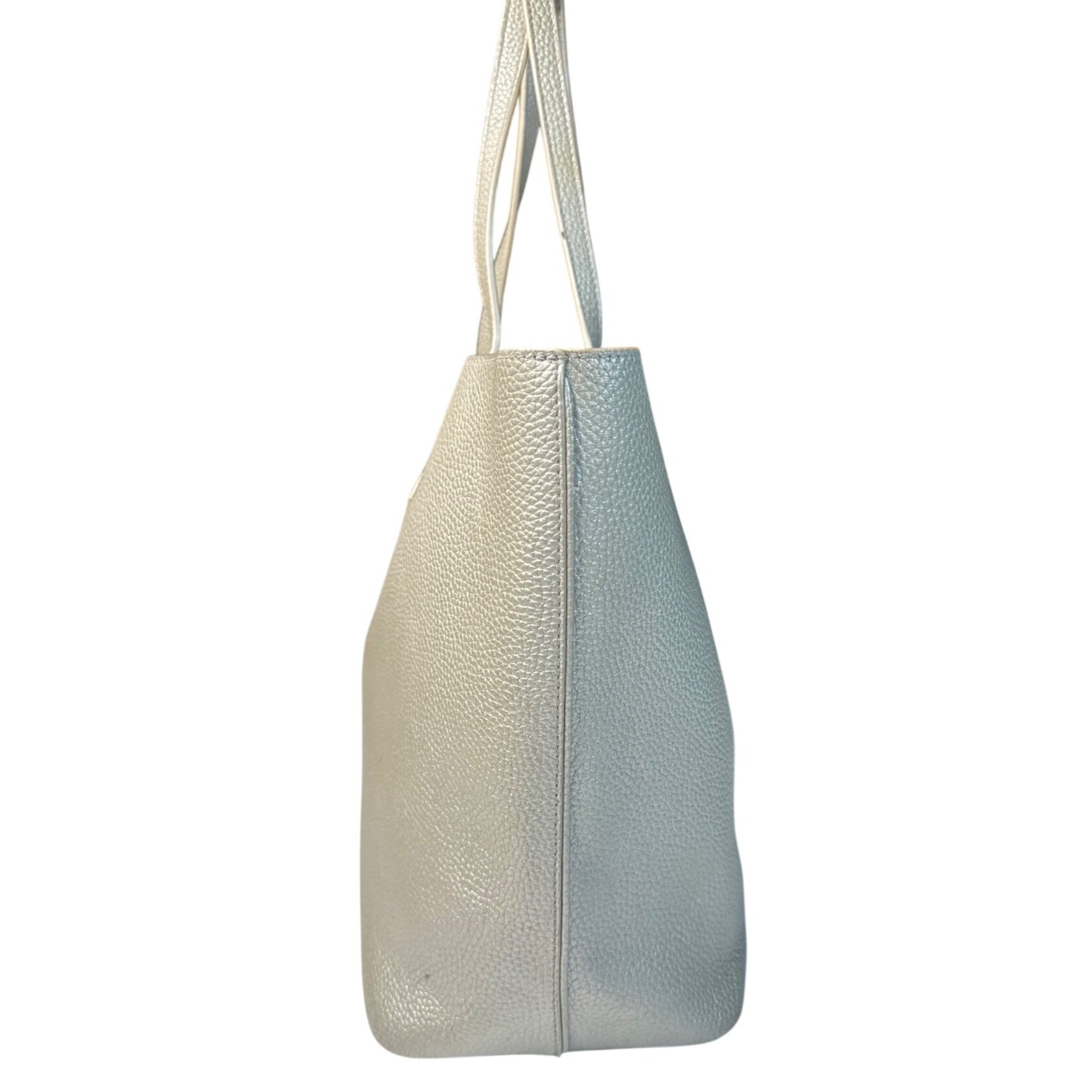 Tory Burch Metallic Silver Leather Tote Bag W/Blue Interior & Pocketed Design