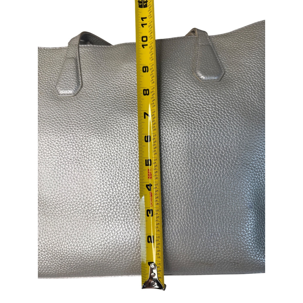 Tory Burch Metallic Silver Leather Tote Bag W/Blue Interior & Pocketed Design
